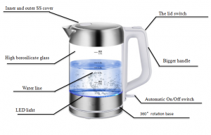 304 stainless steel High quality electric glass tea kettle with blue LED light